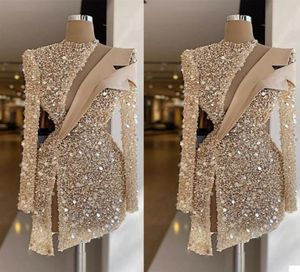 Champagne Evening Dresses Luxury Sequins Beads High Neck Long Sleeves Prom Dress Formal Party Gowns Custom Made Knee Length Robe d7999419