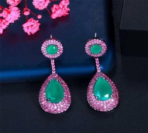 Cwwzircons Micro Pave Pink Cubic Zirconia Green Emerald Dangle Water Drop Silver Engagement Party Earring for Women CZ868 2201082462547