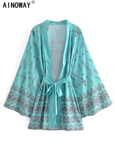 Cover-up Vintage Green Floral Print Sexig Bikini Coverups Swimsuit For Women Bohemian Batwing Sleeves Short Robe Boho Kimono Beachwear