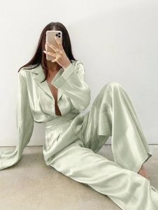 Suits Tossy 2022 Sparkly French Women's Set Loose Two Piece Set Turn Down Collar Shirt Top And Wide Leg Pants Sets Casual Chic Suits