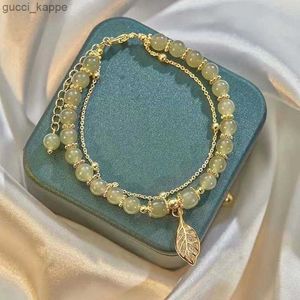 Pulseira de jade hetiana verde de estilo chinês para mulheres folhas de cor de ouro vintage folhas de duas camadas de pulseira de pulseira de miçangas presentes