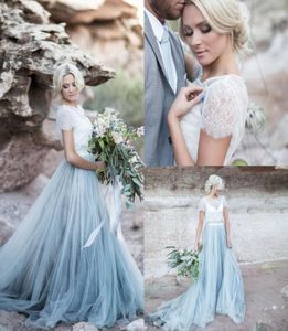 Fairy Beach Boho Lace Wedding Dresses HighNeck A Line Soft Tulle Cap Sleeves Backless Light Blue Skirts Plus Size Bohemian Bridal9730752