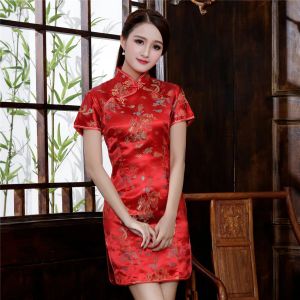 Elbise Çin tarzı kadınlar ejderha feneks qipao klasik kırmızı saten cheongsam artı boyutu kısa kollu mini elbise vestidos 3xl 4xl 5xl 6xl