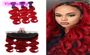 Peruwiańskie ludzkie włosy 3 wiązki z koronkową felą koronkową 13x4 Koronką 1Bred Virgin Hair Extensions 1b Czerwone Ombre Włosy z frontals9799387