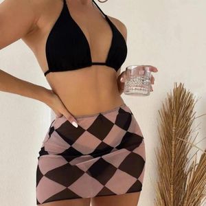 Women's Swimwear 3Pcs/Set Halter Adjustable Straps Push-up Bikini Skirt Set Solid Color Micro Bra Bottoms Geometry Print Suit For Swimming