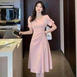 Kleid Sommer Casual Schwarz Rosa Fee Kleid V-ausschnitt Kurzarm Solide Plus Größe Midi Kleid Koreanischen Stil Elegante Abend party Kleider