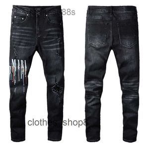Designer Jeans Trend amirrs-fluid spray painted colorful letter hole patch elastic tight legged jeans 52YO