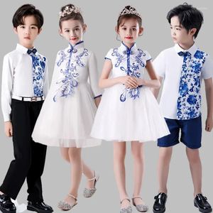 Trajes de desempenho de porcelana azul e branca para crianças, roupas de palco para estudantes da escola secundária primária