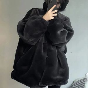 Jaquetas de lã preta jaqueta feminina estilo coreano roupas de inverno feminino quente zip up fofo jaqueta oversize casacos de pele do falso feminino outerwears