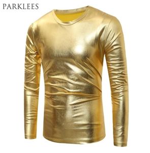 Прохладная металлическая футболка с золотым покрытием Мужская футболка с длинным рукавом и круглым вырезом Мужская футболка для ночного клуба Мужские футболки Блестящая золотая футболка в стиле хип-хоп Homme Y7092296