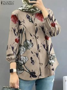 Tops ZANZEA Bohemian Floral Printed Muslim Blouse Woman Puff Sleeve ONeck Shirt Autumn Elegant Party Tunic Tops Vintage Blusas