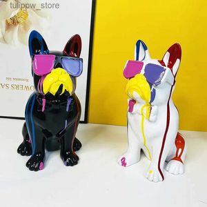 Decorative Objects Figurines Splashing color glasses bulldog statue resin handicraft ornaments bookshelf desktop splashing ink art living room decorations.