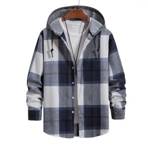 Men's Dress Shirts 2024 Plaid Long Sleeve Flannel Shirt With Hoodie Brand Regular Fit Button Down Checked Jacket Chemise Navy 2XL