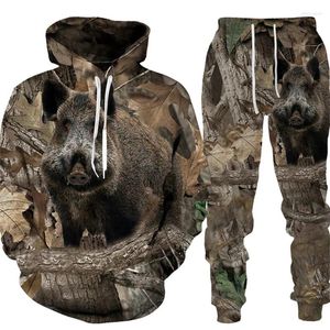 Men's Tracksuits Camouflage Wild Boar Hunting Hoodies Pants Set 3D Printed Animal Series Sportswear Two-piece Outdoor Sports Suit