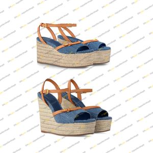 Ny designer remix helios kil sandal kvinnor lady espadrille tweed 3,5 cm plattform denim canvas 13 cm ankel rem hög klack sandal skor storlek 35-42 med låda