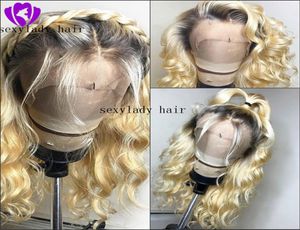 Fashion Hair Ombre Blond koronkowy przednia peruka syntetycznych fali ciała z ciemnym korzeniem dla czarnych kobiet odpornych na ciepło 180 gęstość3713791