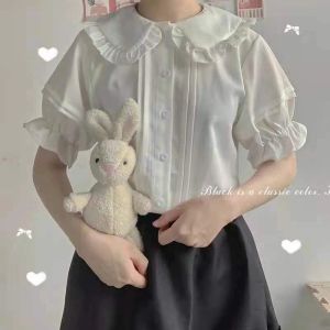 Shirt Zoki Japanese Sweet Women Blouses Lolita Style White Kawaii Peter Pan Collar Jk Shirt Cute Preppy Ruffle Puff Short Sleeve Tops