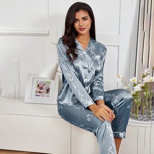 Vår- och höstpyjamas kvinnors siden satin pyjama set långärmad skjorta med byxa pyjamas casual wear womens pyjama set 240306