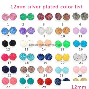 stud 12mm round Druzy Stone Stud أقراط 30 لون راتنج الذهب Sier Sier الفولاذ المقاوم للصدأ دبوس الأذن Hypoallergenic للنساء المجوهرات الأزياء I dhlzc