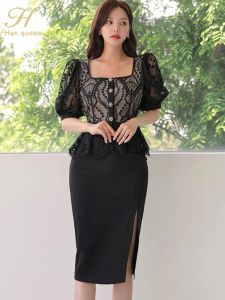 Abiti H Han Queen 2023 Summer 2 pezzi Set Women Lace Top + Fashion Slip BodyCon Gonfie Casual Casual Simple Office Sigri Stupite