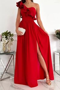 Casual Dresses 2024 Spring Summer Women Off Shoulder Long Dress Red Sleeveless Ruffle Hem Elegant Ladies Party Split Evening