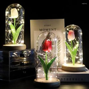 Night Lights LED Glass Artificial Rose Tulip Flowers Valentine's Day Wedding Forever Flower For Women Micro Landscape Party