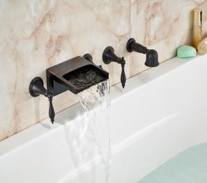 Montado na parede cachoeira torneira da banheira do banheiro óleo esfregado bronze misturador 3 alças 3344153