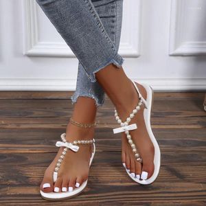 Sandals Summer Women's 2024 Fashion Outdoor Flat Beach Sexy Pearl Bow-knot Shoes Female Clip Toe Flip Flops Slides