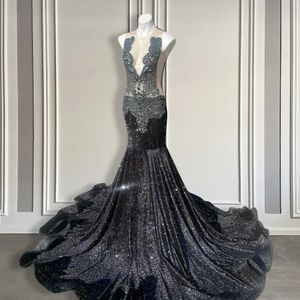 Schwarzes, langes Ballkleid mit Pailletten für Mädchen, luxuriöses, durchsichtiges, perlenbesetztes, sexy Meerjungfrauenkleid mit Hofschleppe 240304