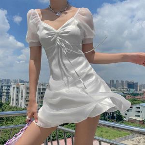 Dress 2020 elegant sweet white loose dress for women sexy club party wear summer vintage low cut puff sleeve mini dresses female