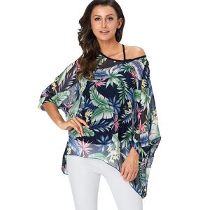 BLOUSE BHFLUTTER SEXY OFF AUDLE TOPS Women New Ankomst Batwing Casual Summer Blue Shirt Floral Print Harajuku Chiffon Bluses 2019