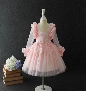 Girls lace dresses kids floral embroidery long sleeve princess party clothing children stereo petal tulle tutu dress Ball Gown A007426871