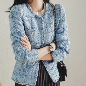 Tweed Jacket Spring Autumn Womens Classic Ladies Runway Plaid Blue Loose Coat Oneck 240301