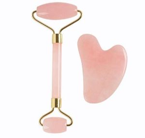 Dispositivos de cuidados faciais salão de massagem de beleza precisa massageador de rolo de jade conjunto de cristal rosa placa de raspagem em forma de coração 2 peças 10 conjuntos por lote 9337067