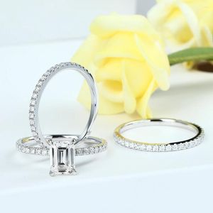 クラスターリングveryins 14kホワイトゴールド2ct 6 8mmエメラルドカットモイサナイト隠し婚約リングセットブライダルジュエリー3 PCS