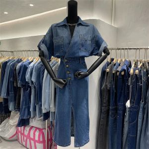 Suits Western Denim Retro Elbise 2022 Yaz Yeni Büyük Boyut Bel İnce Mizaç Moda Düzensiz Tasarım Takım Midi Etek