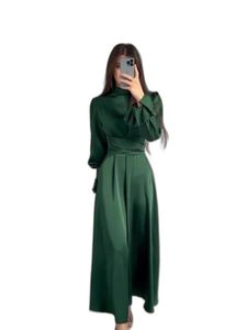 Casual Dresses European And American Green Satin Women Party Dress Long-sleeved High- Waisted Puff-sleeved Modest Long With Belt