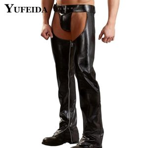 Calça yufeida homens homens sexy couro fetiche fetichless sem calça boate de boate de palestra de cosplay clubwearwearwless backless dance de dança exótica de couro exótico