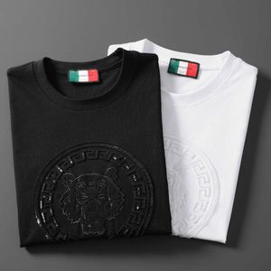 2023 T-shirt in cotone di seta di marca girocollo testa di tigre ricamata con paillettes manica corta trendy abbigliamento da uomo europeo