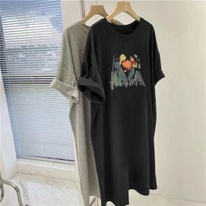 Vestido de verão oversized feminino manga curta o pescoço tulipa floral impresso longo t camisa solta casual vestidos robes vestidos homewear