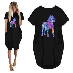 Dress Watercolor Cane Corso Dog Print Women Summer Short Sleeve Dress With Pocket Ladies Fashion O Neck Tops Female T Shirt Dress
