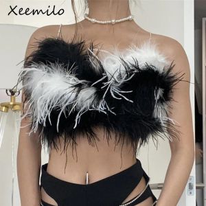 Camis Xeemilo Sexy Rhinestone Suspender Sleeveless Tank Top Y2K Black And White Color Mix Patchwork Tops Chic Back Zip Backless Camis