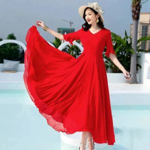 Kleid Sommer Böhmischen Frauen Langes Kleid Einfarbig Kurzarm V-ausschnitt 5XL Chiffon Sommerkleid Maxi Abend Damen Party Kleid vestidos