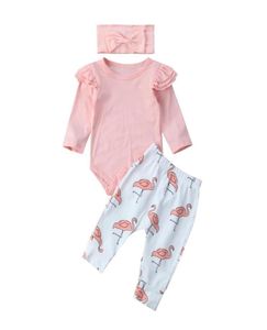 Nyfödda spädbarnskläder Autumn Baby Girl Clothes Set Pink Ruffle Long Sleeve Tops Cartoon Flamingo Pants pannband kläder LJ2012232119858