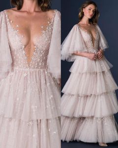 Verão uma linha vestido de casamento sheer v pescoço lantejoulas em camadas vestidos de noiva trem varredura vestidos de novia tamanho personalizado