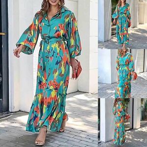 Casual Dresses Women Deep V-Neck Dress 2024 Spring Vintage Elegant Long Sleeve Boho Print Female Sexy Beach Party Loose Maxi