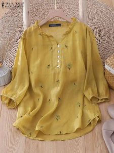 Skjorta zanzea kvinnor skjorta 2023 sommarlovet bohemian växt tryck blus vintage 3/4 hylsa vneck toppar tunics casual lös blusa