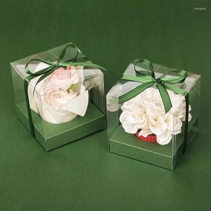 Подарочная упаковка, 48 комплектов лесных зеленых прозрачных коробок для кексов из ПВХ с фиксацией и лентой для сувениров на свадебную вечеринку (классическая серия)