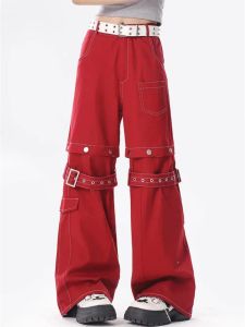 Jeans 2023 Ropa Grunge Y2K Moda Rosso Rimovibile Baggy Cargo Pantaloni Jeans Per Le Donne Vestiti Dritto Abito Gamba Larga New Rock pantaloni