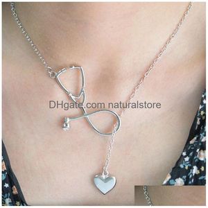 Pingente colares moda simples coração estetoscópio colares para mulheres médico enfermeira pingente médico ouro sier corrente jóias presente gota dh6rn